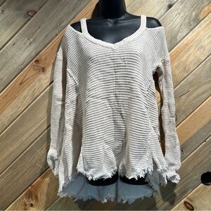 Free People Off White Shabby Chic Inside Out Stitch Fringe Shag Hi Low Sweater